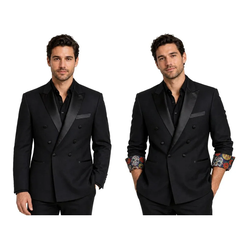 Indochino Black Wool Cashmere Tuxedo Blazer Skull Lined Goth 44R Custom Fit NWT